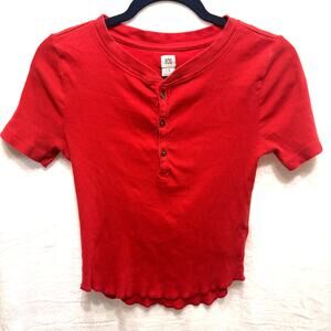 Vintage Y2K BDG Cropped Ribbed Tee Crew Neck Half Button up Red Size Large